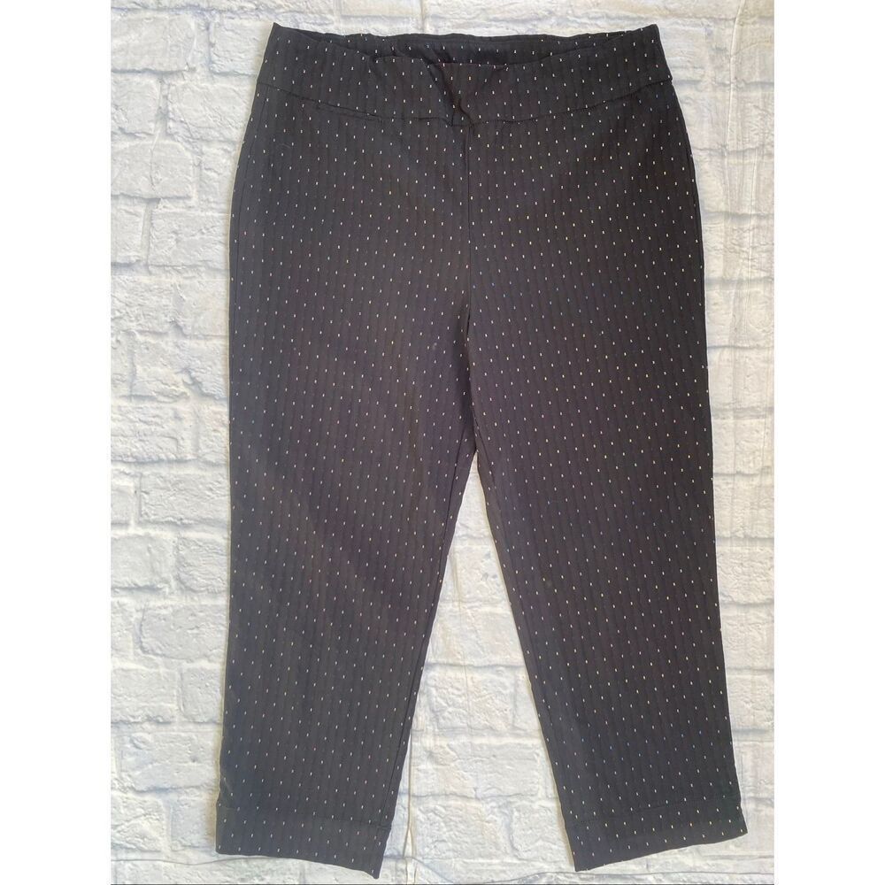 Intro Love the fit women 14 stretch pull on crop black pants w/multi color dots